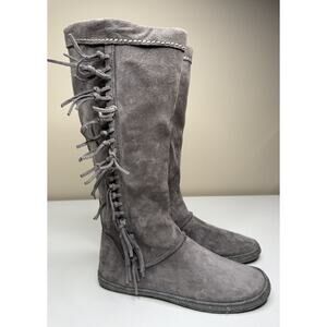 UGG Mammoth Moccasin Knee High Boot Womens 8 Grey Suede Side Zip Fringe